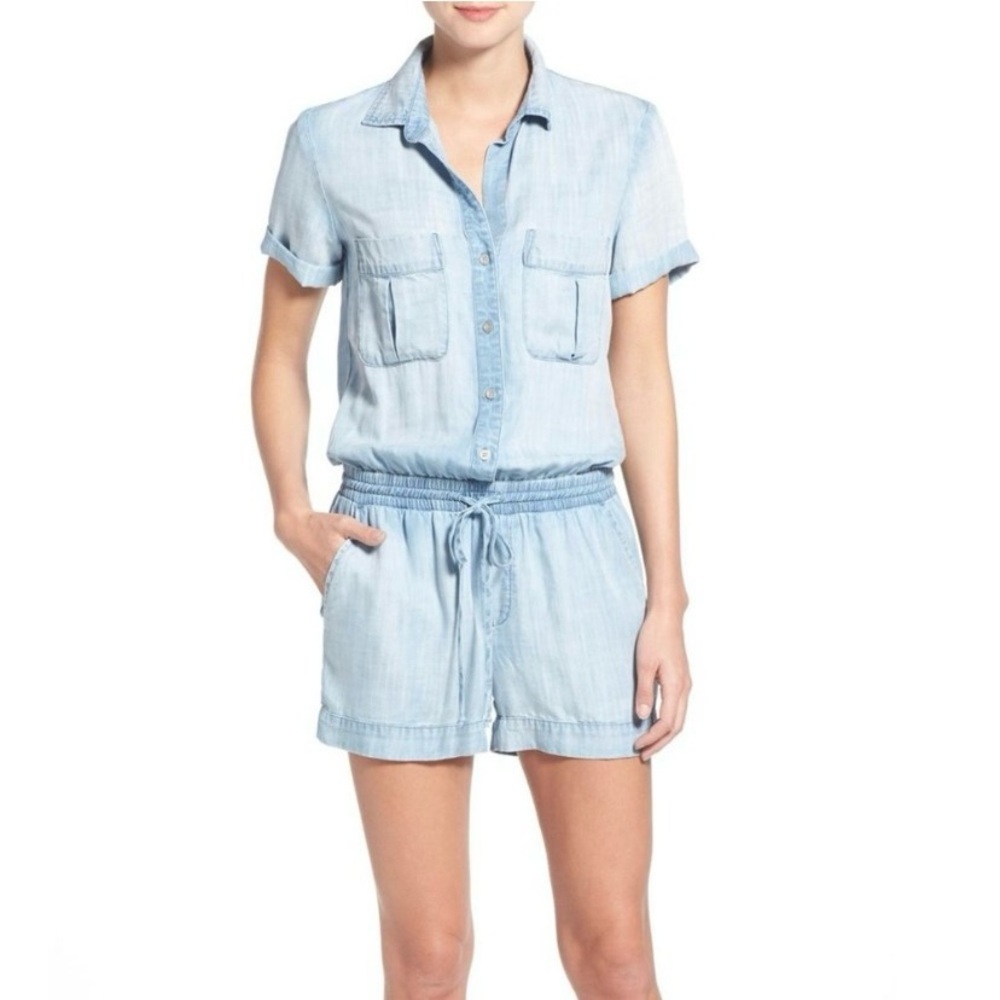 Side Stitch Denim Button Front Chambray Romper, Pockets, Tie Waist, Size Small - Picture 7 of 15